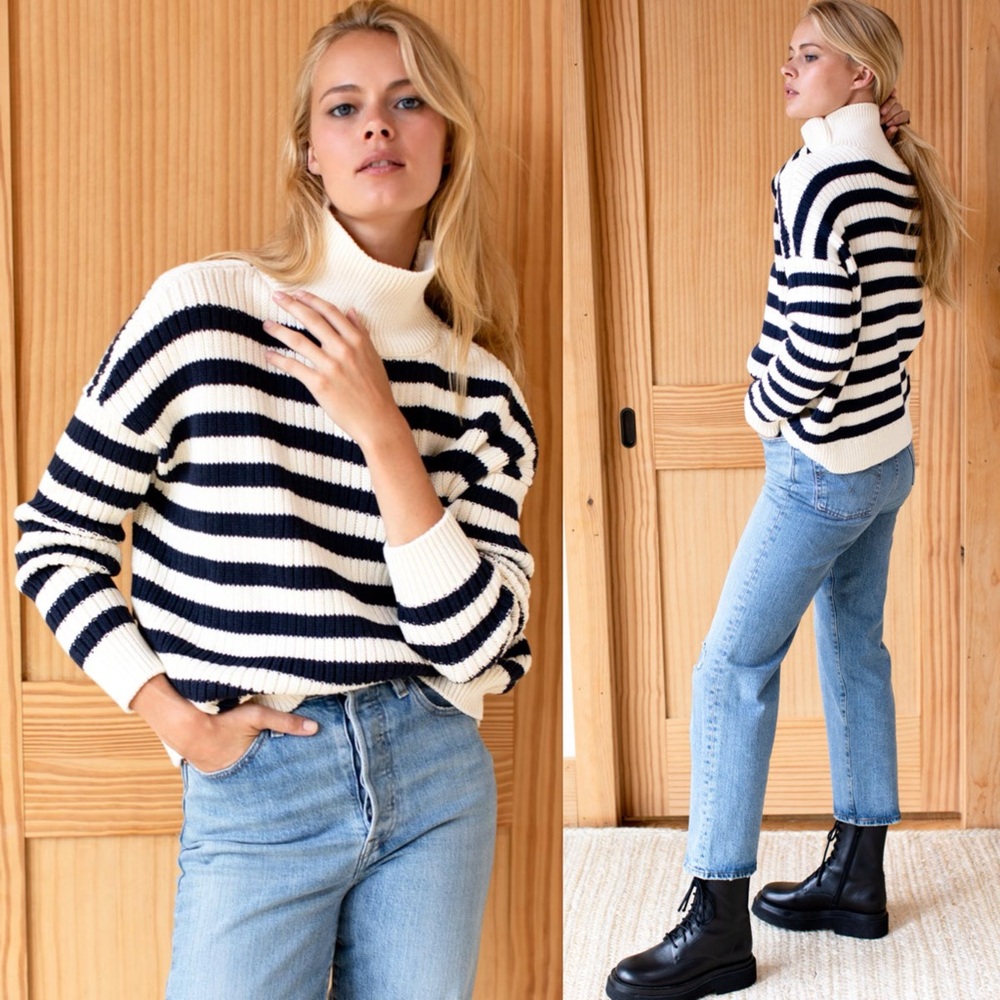 Emerson Fry Cream & Black Striped Turtleneck Sweater